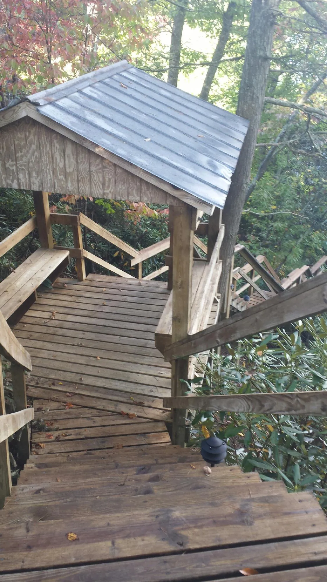Metal roofed shelter over wooden steps on a wooded walkway — Skylight Repair & Installation work by our crew in Bamberg